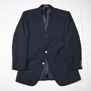 Vtg New Castle & York 46L Navy Blue 100% Wool Hopsack Gold Button Blazer Jacket